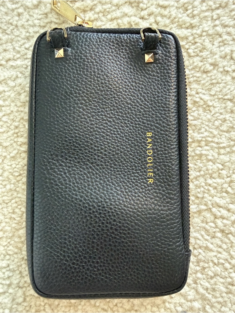 Bandolier Expanded Pouch Black Pebbled Top Grain Leather Zip Wallet Black & Gold